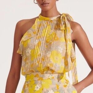 Veronica Beard Dali Silk Halter Top Yellow Floral Pyrex Threading Size 6